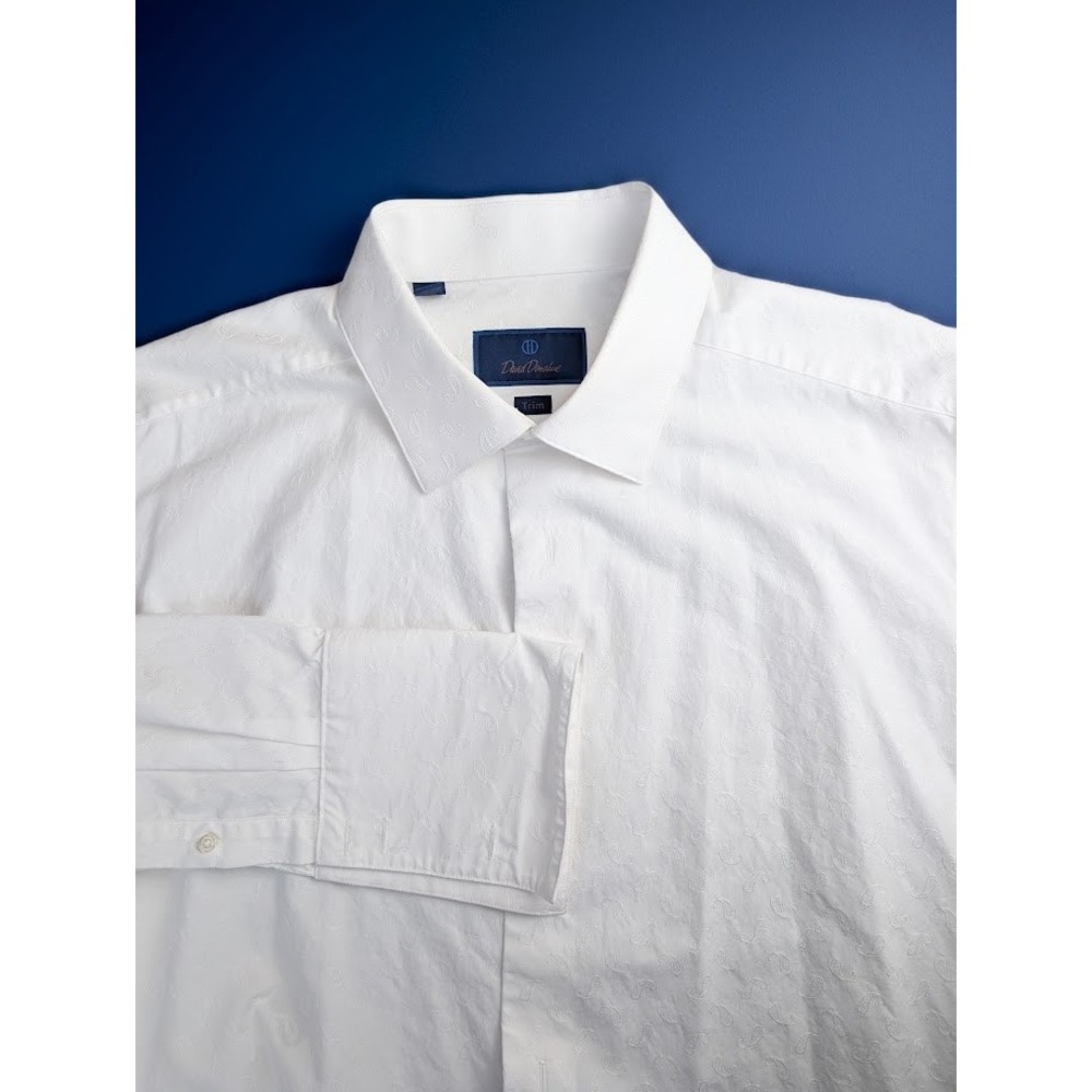 David Donahue Tuxedo Jacquard Shirt Trim 17.5 White Paisley 34/35 French Cuffs